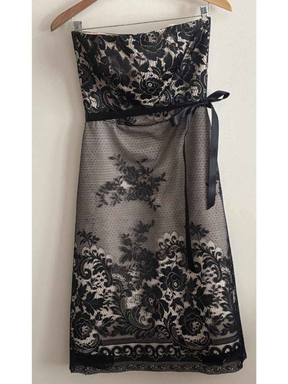 White House Black Market Strapless Lace Tan Black Contrast Fit & Flare Dress 4